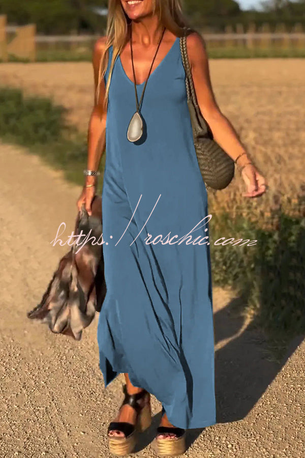 Color V-neck Sleeveless Loose Maxi Dress