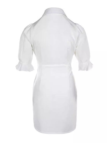 A-line Flared Sleeves Buttoned Pleated Pockets Color Split-joint Lapel Mini Dresses Shirt Dress