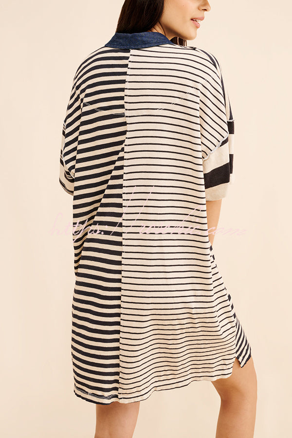 Contrast Striped Patchwork Denim Lapel Loose Mini Dress