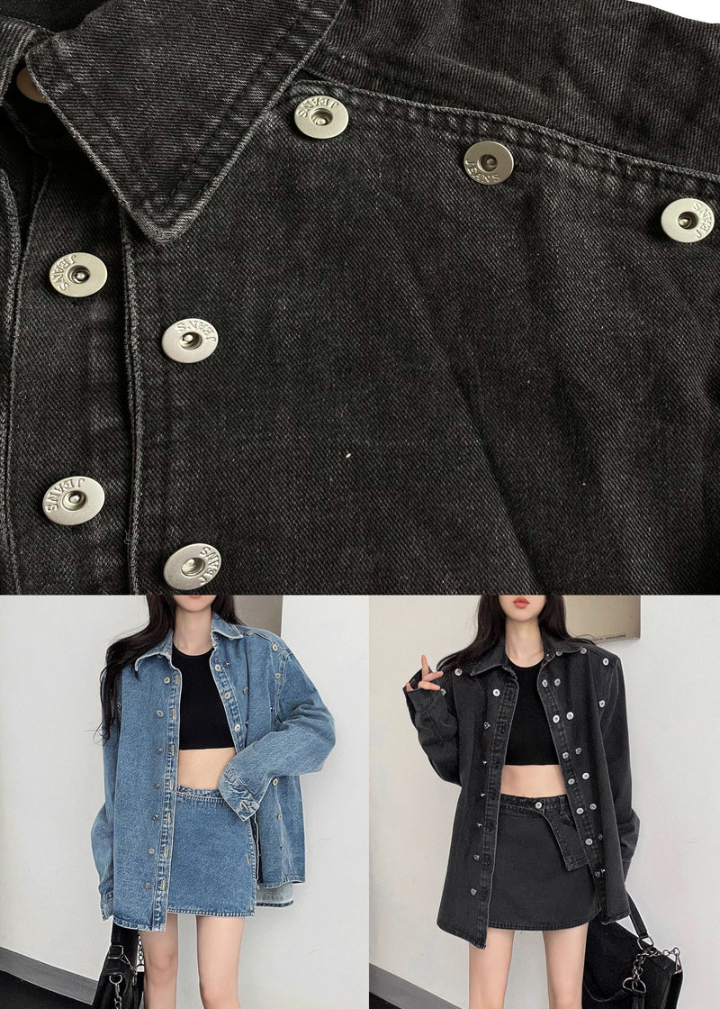 French Blue Peter Pan Collar Button Denim Two-piece Set Fall Ee005