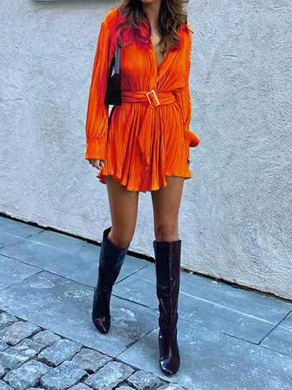 Long Sleeves Buttoned Pleated Color Tied Waist Lapel Mini Dresses Shirt Dress