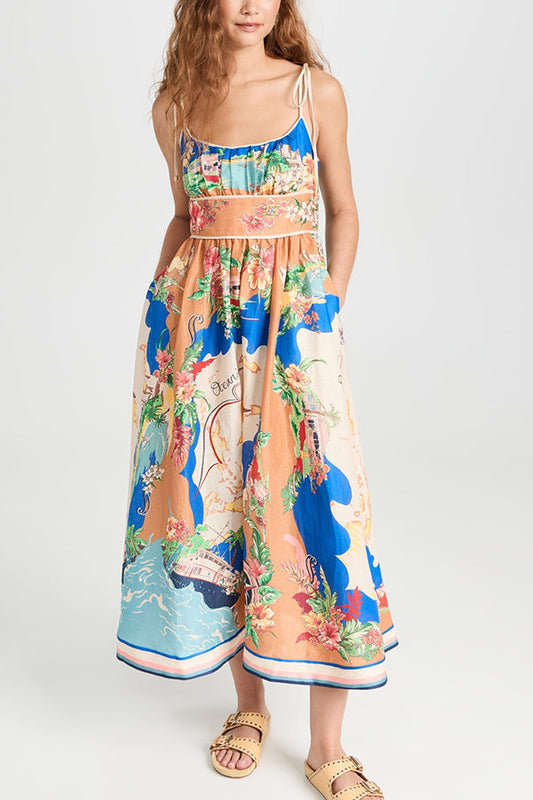 Unique Printed Lace-up Suspender Pockets Resort Style Midi Dress