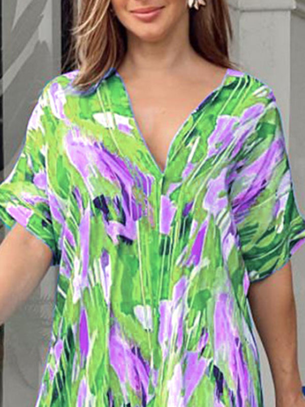 Loose Short Sleeves Multi-colored Printed V-neck Maxi Dresses
