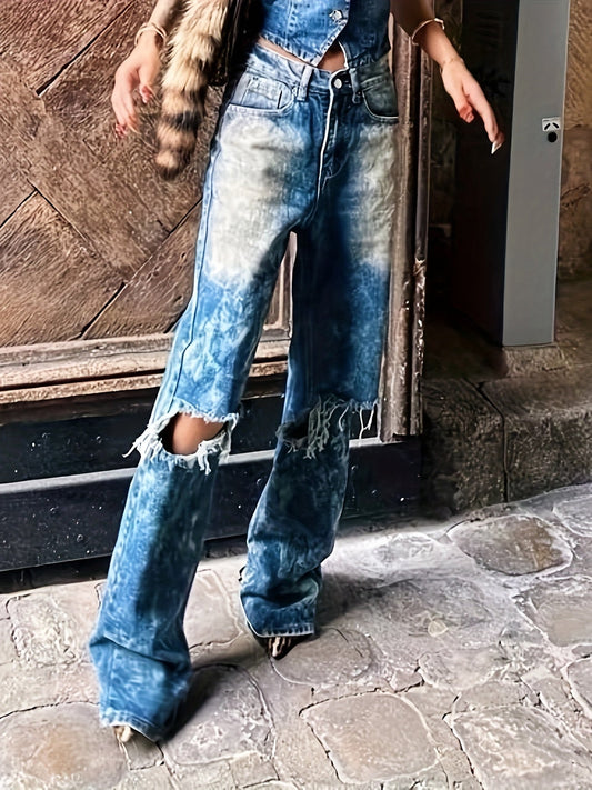 High Waist Slant Pockets Distressed Denim Pants Yh1789