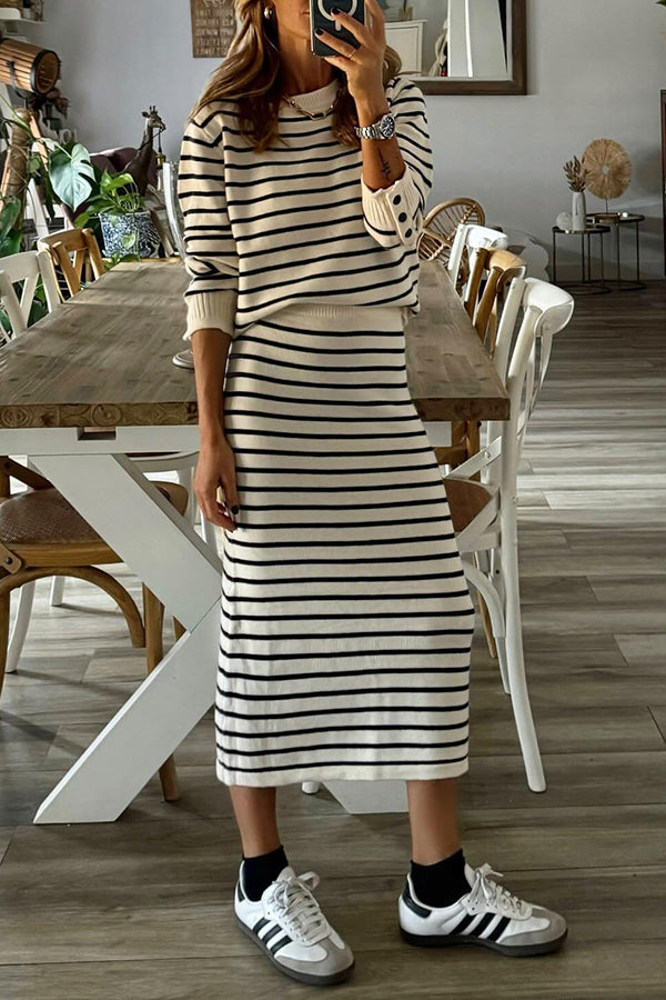 Striped Sweater Commuter Midi Skirt High Waist Skirt Suit