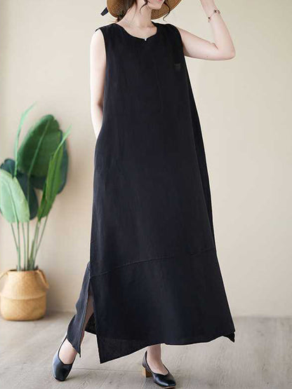 A-line Loose Color Round-neck Midi Dresses