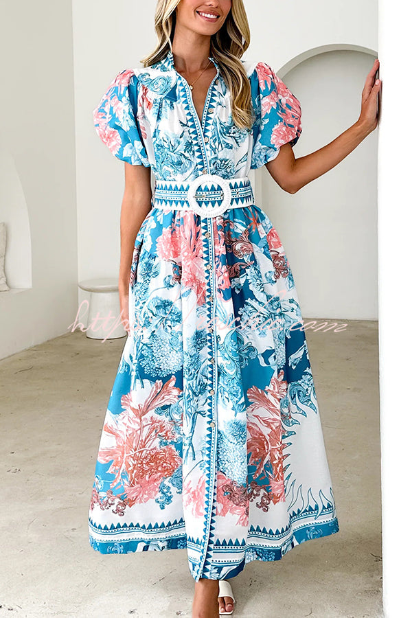 Unique Print Puff Sleeve Button Belt Maxi Dress