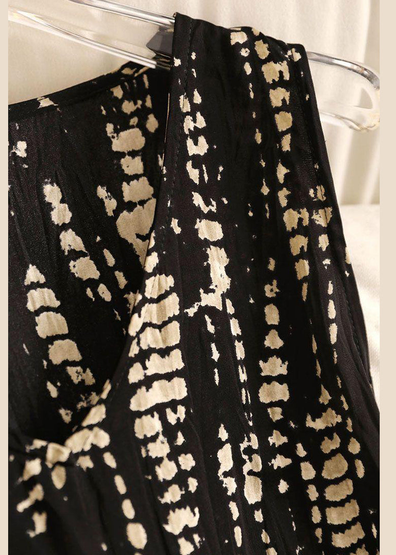 Black V Neck Wrinkled Cotton Long Dress Sleeveless Qp058