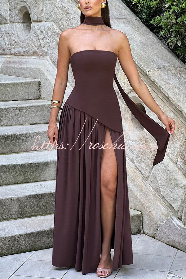 Off Shopulder Chiffon Pleated Hem Scarf Slit Maxi Dress