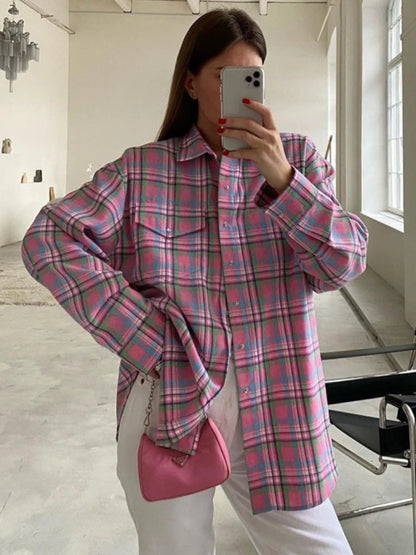 Plaid Blouse Pink Retro Loose Long Sleeve Tops Autumn Trun Down Cotton Shirts Autumn