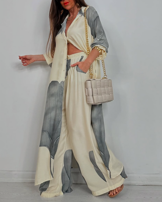 V-neck Patchwork Printed Top and Pants Commuting Suit