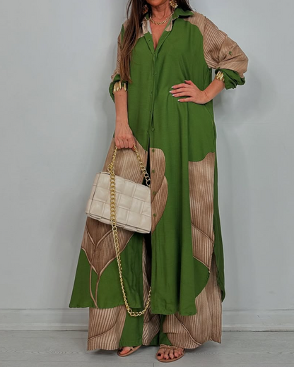 V-neck Patchwork Printed Top and Pants Commuting Suit