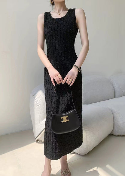 New Black O Neck High Waist Cotton Long Dress Sleeveless Ee063
