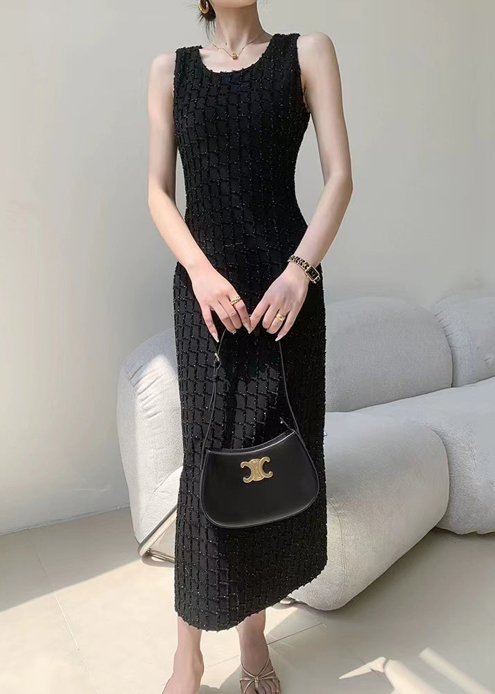New Black O Neck High Waist Cotton Long Dress Sleeveless Ee063