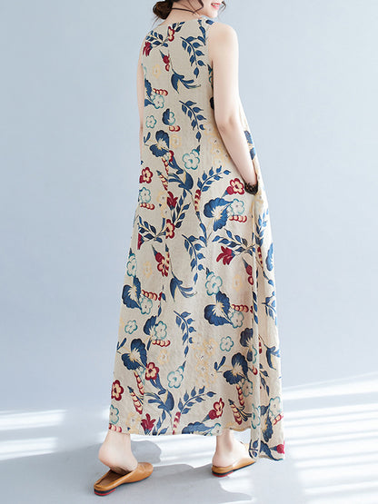 Loose Sleeveless Printed Round-neck Maxi Dresses