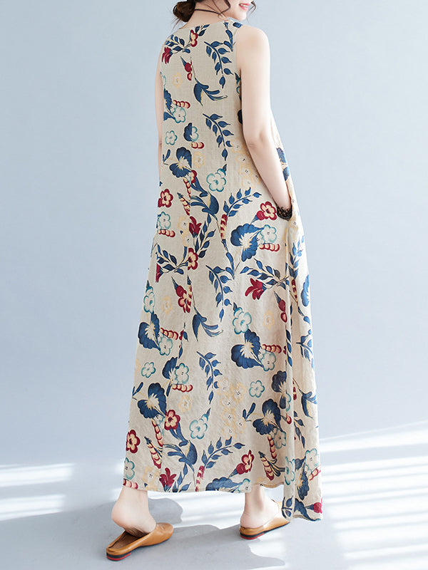 Loose Sleeveless Printed Round-neck Maxi Dresses