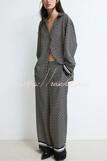 Unique Print Lapel Long Sleeve Loose Shirt and Elastic Waist Pocket Wide Leg Pants Set