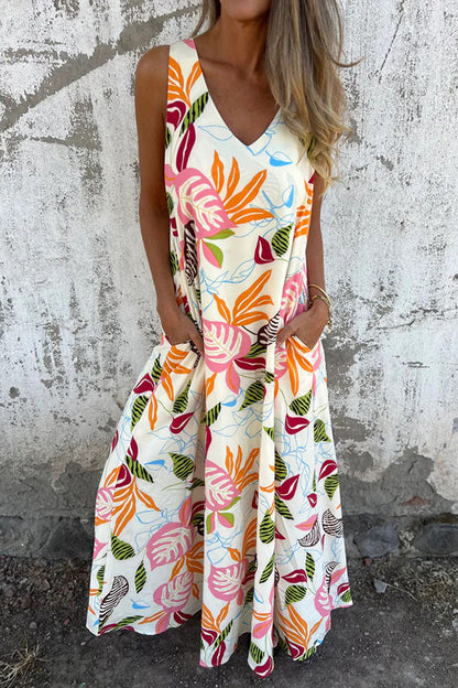 Botanical Print V-neck Pocket Loose Maxi Dress