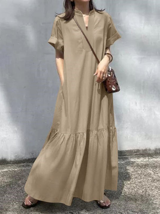 A-line Loose Color Split-joint V-neck Maxi Dresses