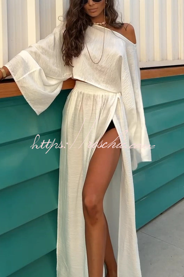 Seaside Leisure Linen Blend Color Elastic Waist High Slit Maxi Skirt