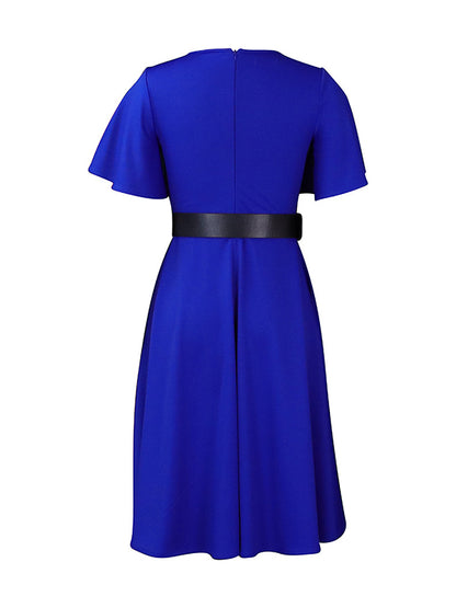 Irregular Clipping Belted Color Round-neck Midi Dresses