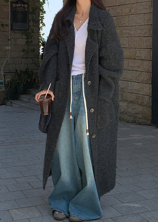 Italian Dark Grey Notched Pockets Woolen Coats Fall Ry011