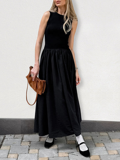 A-line Sleeveless Color Split-joint Round-neck Maxi Dresses