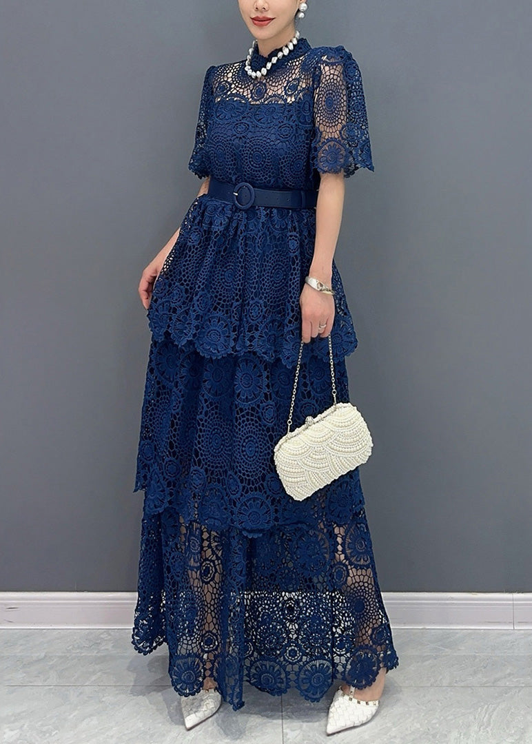Navy V Neck Sashes Hollow Out Lace Long Dresses Summer Ao1013