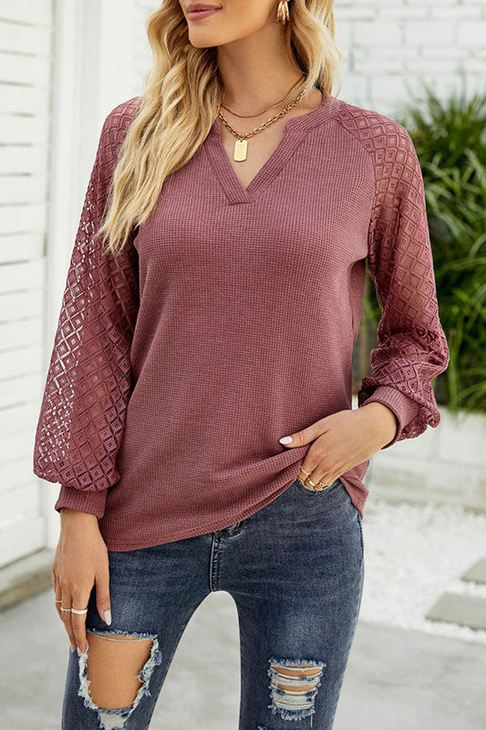 Waffle Grace Stitching Long Sleeve V-neck T-shirt Top