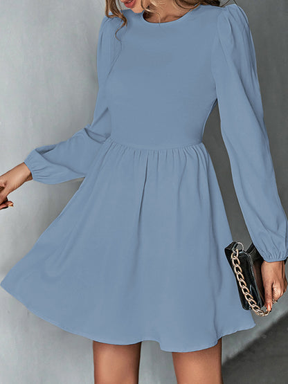 A-line Bishop Sleeve Backless Elasticity Hollow Pleated Color Tied Round-neck Mini Dresses