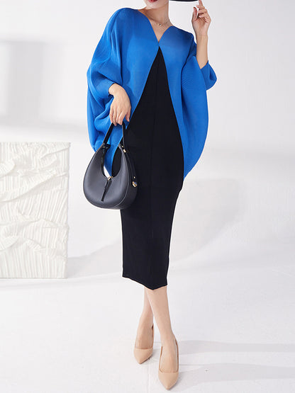 Batwing Sleeves Loose Contrast Color Pleated Round-neck Midi Dresses