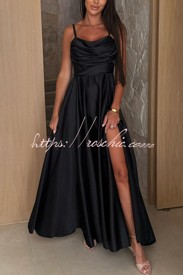 Color Suspender Back Pleated Slit Full Hem Maxi Dress