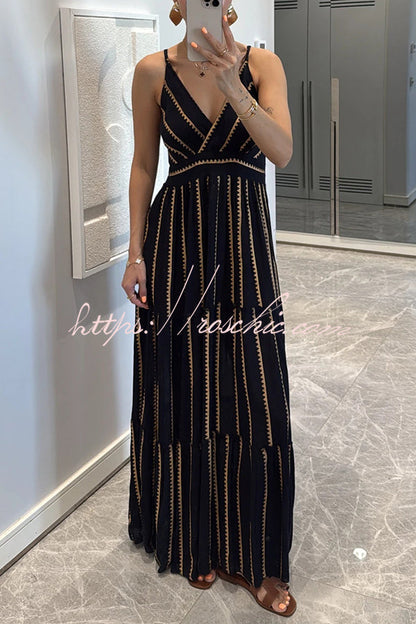 Striped Printed Suspender V-neck Full Hem Loose Holiday Maxi Dress
