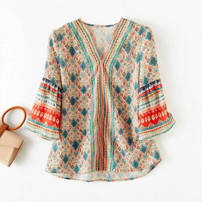 Woman Summer Style Chiffon Blouses Tops Lady Hafl Flare Sleeve V-neck Printed Blusas Tops Zz1326