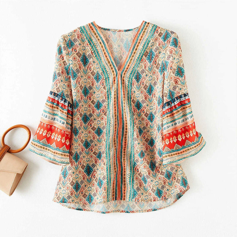 Woman Summer Style Chiffon Blouses Tops Lady Hafl Flare Sleeve V-neck Printed Blusas Tops Zz1326