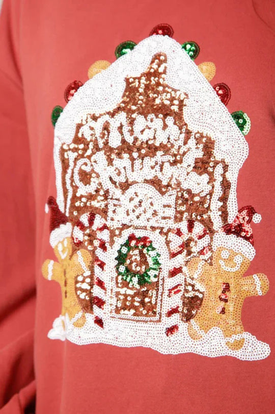 Christmas Candy House Sequined Loose Sweatshirt