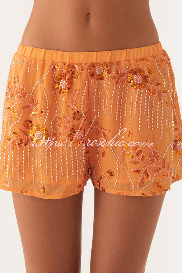 Dazzling Sequin Beaded Material Low Rise Elastic Waist Loose Shorts