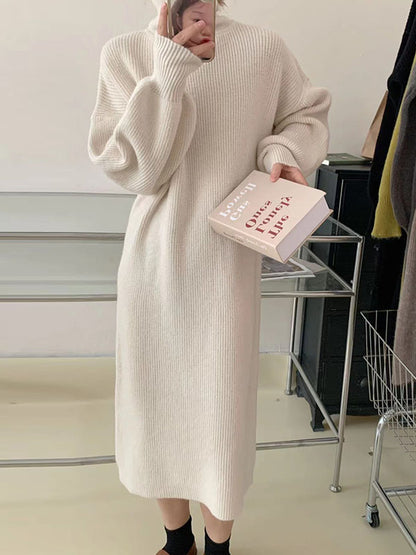 Long Sleeves Loose Color High Neck Midi Dresses Sweater Dresses