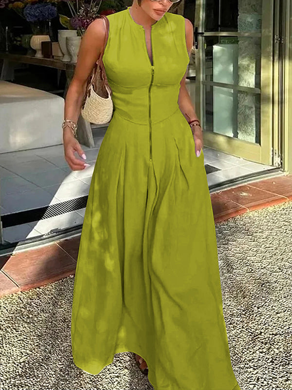 A-line Loose Pleated Pockets Split-joint Zipper Round-neck Maxi Dresses