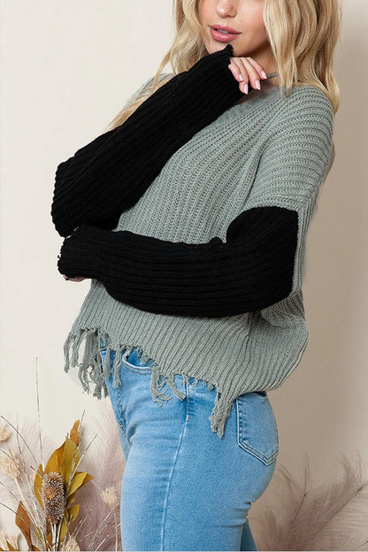 Tassel Hem Pullover V Neck Sweater