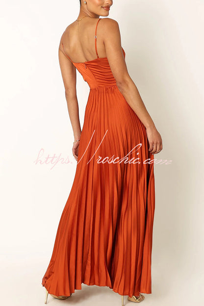 Catch the Light Satin Pleated V-neck Slip Maxi Dress