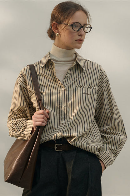 Color Block Stripe Collar Cotton Blouse