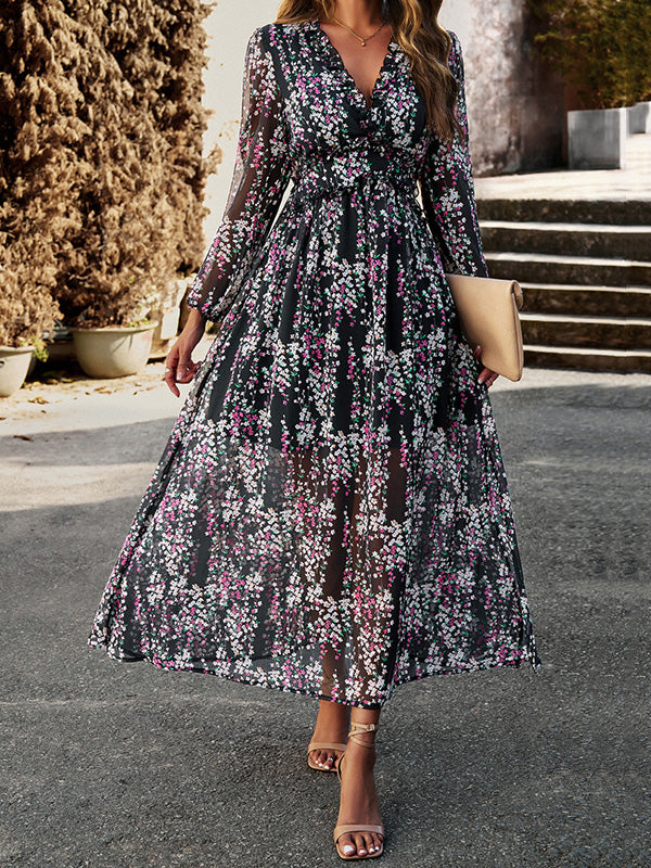 A-line High Waisted Flower Print Ruffled Split-joint Deep V-neck Maxi Dresses