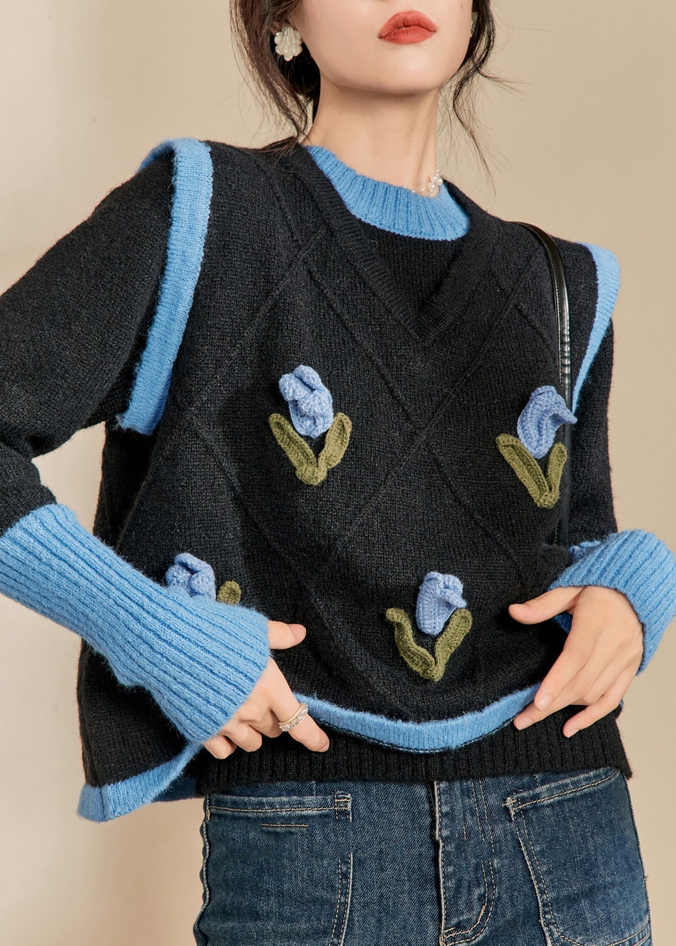 Blue O-neck Patchwork Cotton Knit Sweaters Winter Wv005