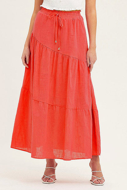 Color Cotton and Linen Elastic Waist Pleated Skirt
