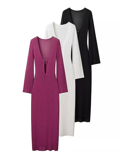 Knit Hollow Out Autumn Dress Female See-through V-neck Backless Beach Holiday Maxi Dress Knitwear ’s Dress New