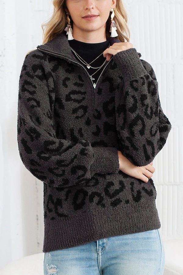 Animal Print Zipped Collared Sweater