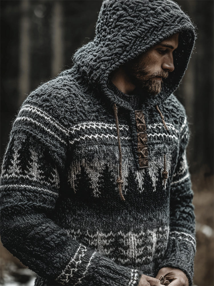 Men's Vintage Forest Inspired Isle Cozy Knit Hooded Sweater artswardrobe