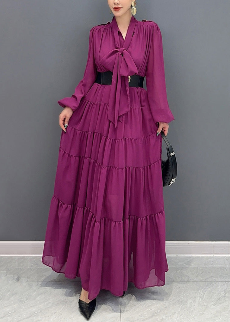 Purple V Neck Patchwork Party Chiffon Long Dress Fall Ao1040