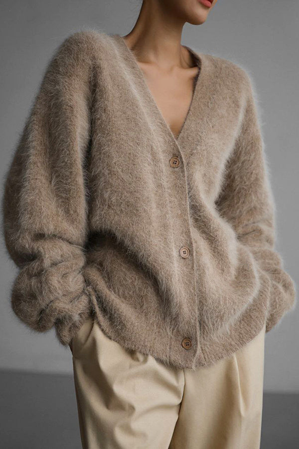 Color Loose V-neck Long-sleeved Lazy Knitted Cardigan